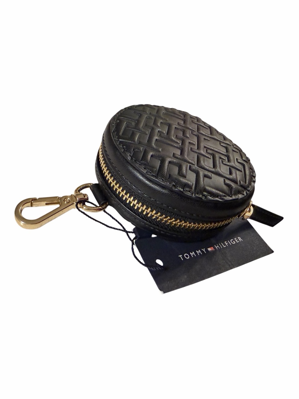 Tommy Hilfiger Black Quilted Round Coin/Multi Purpose Case w/ Gold Clip & zipper
